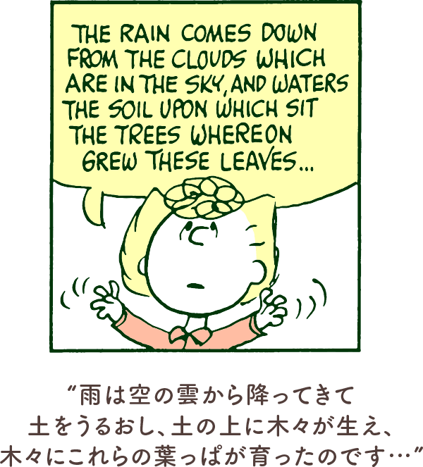 雨は空の雲から降ってきて土をうるおし、土の上に木々が生え、木々にこれらの葉っぱが育ったのです...