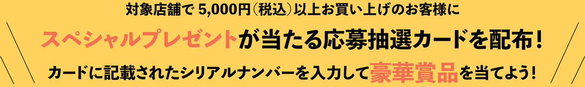 対象店舗で 5,000円（税込）以上お買い上げのお客様の中から抽選でスペシャルプレゼントが当たる応募カードを配布！カードに記載されたシリアルナンバーで豪華商品を当てよう！